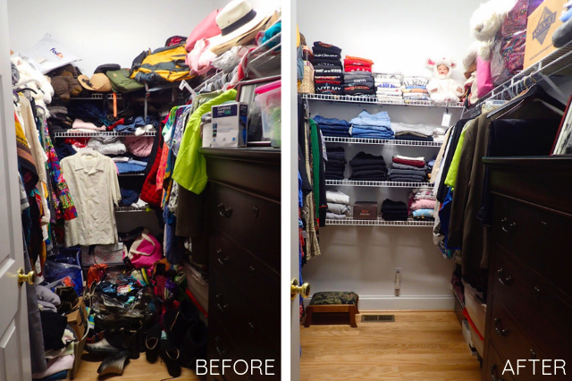 Client’s closet before and after pictures. Closet Organization by JAM Organizing: Professional Organizer in Wilmington, NC specializing in Home Organization and Home Office Organization. Blog Post: The More You Know: Organizing your Master Closet